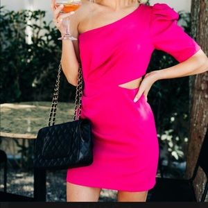 The cutest HOT PINK cutout puff sleeve dress!